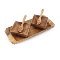 Square Condiment Wooden Bowls With Tray And Spoons 5pcs