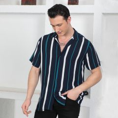 Men's Striped Half Sleeves Shirt  - Navy Blue/L